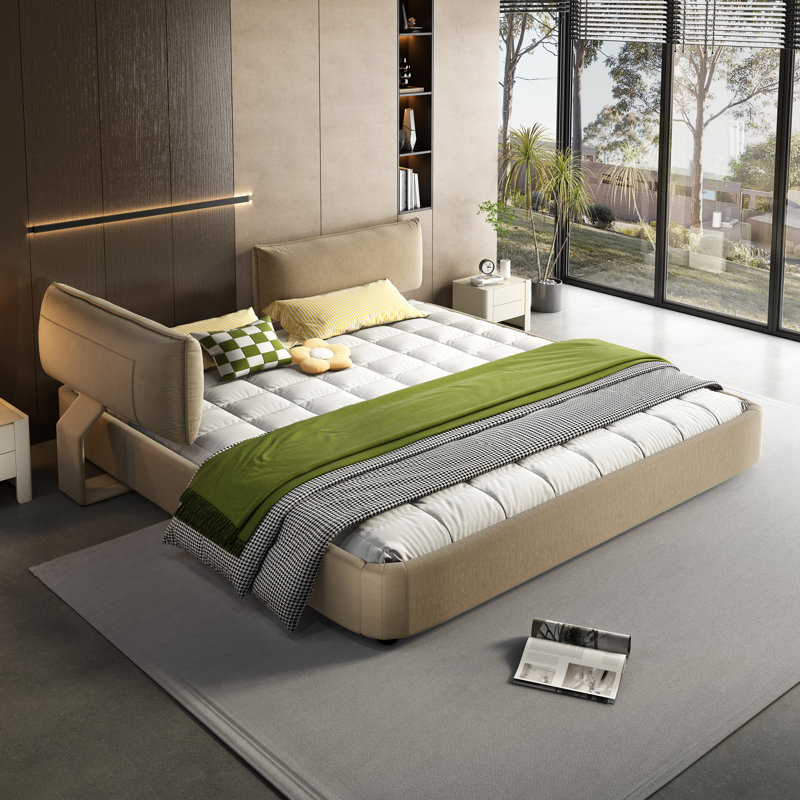 Très grande base de lit Cloud avec tête de lit mobile surdimensionnée et rembourrée, lit tapissier en chenille avec coin rond, support en métal et lattes en bois massif, aucun sommier nécessaire