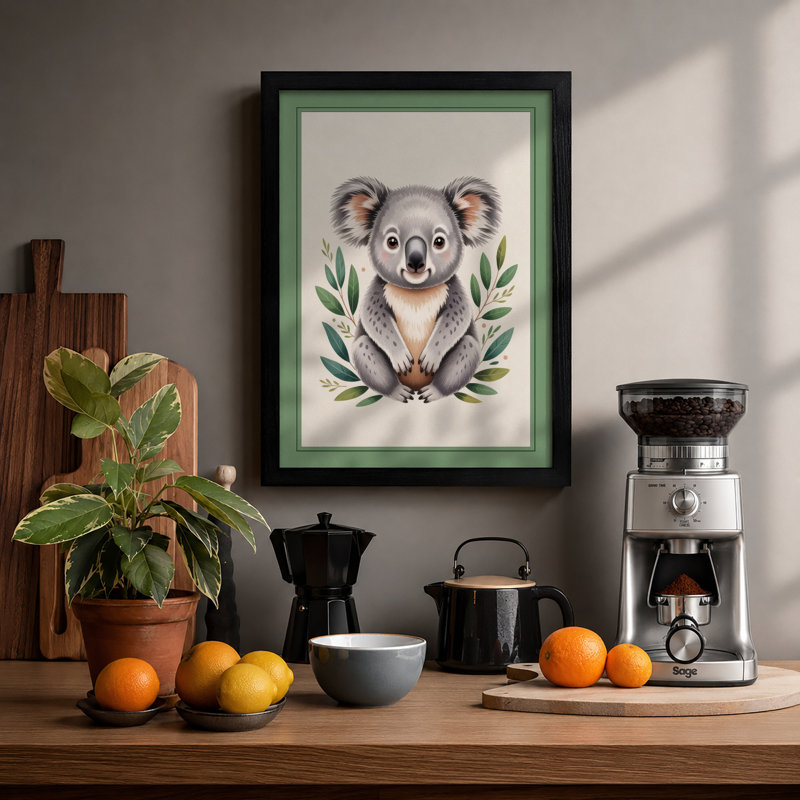 Koala Among Eucalyptus Botanical - Framed Print, A4 - 29.7 x 21.0 cm, Black