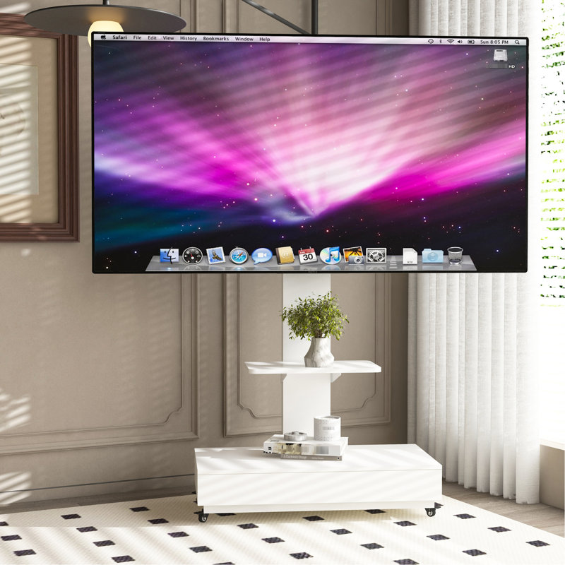 Chariot de télévision mobile blanc avec hauteur réglable, support de 32 à 75 pouces, tiroir à tirer et roues pour chariot de bureau à domicile, blanc, chambre à coucher dans les salons de beauté modernes