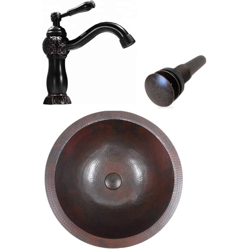 15" Round Copper Bath Sink With 9" Faucet & Pop-up Drain