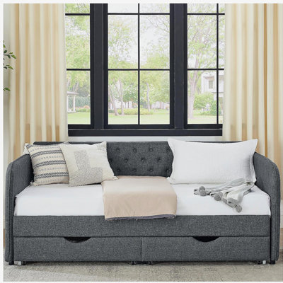 Twin Size Upholstery Daybed with Trundle Bed and Two Storage Drawers , Flat Arms with Pocket, Extendable Daybed for Bedroom Living Room,Linen Dark Gray
