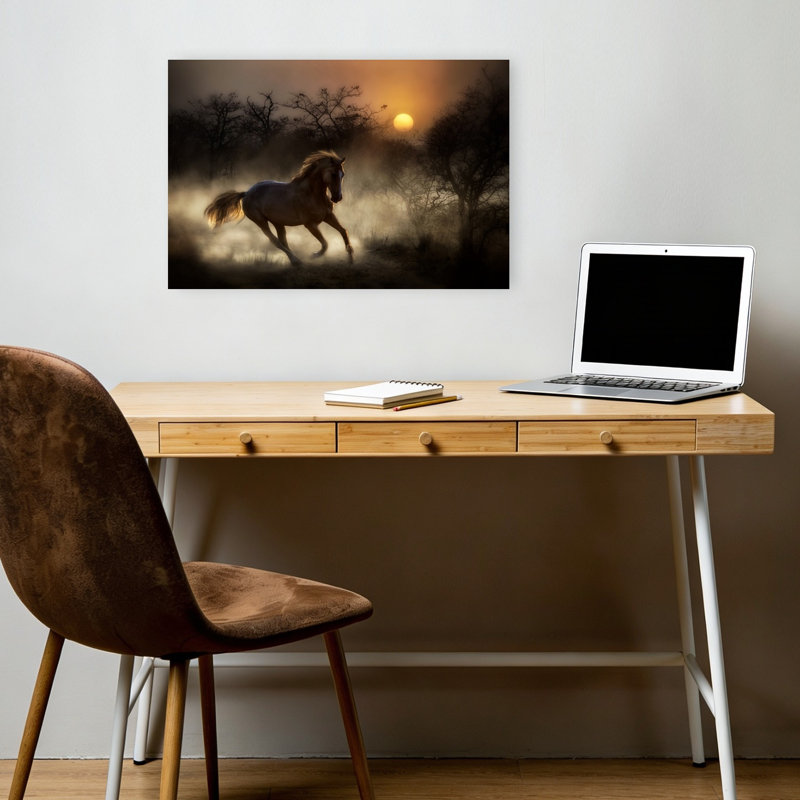Cheval sauvage au coucher du soleil, course au coucher du soleil, affiche murale abstraite et contemporaine représentant un cheval sauvage au lever du soleil.