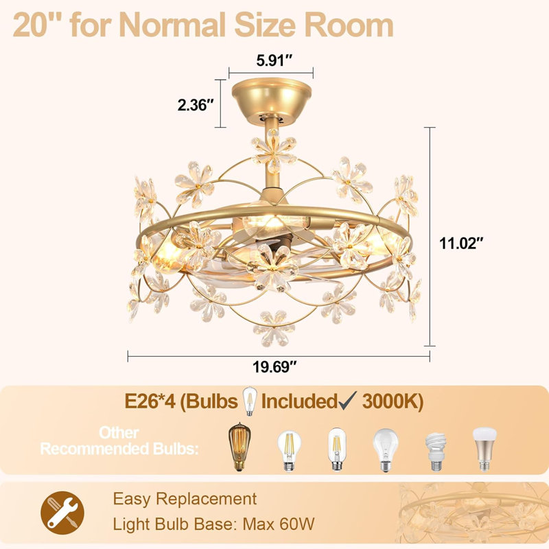 Depuley Bedroom Ceiling Fan With Lights: 20" Gold Chandelier Small Fan With Remote Control - Modern Flower Fandelier For Girl's Bedroom Living Room Kitchen