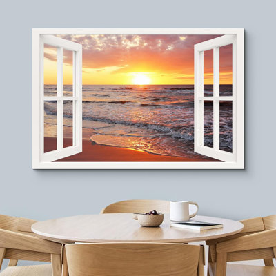 Fenêtre de paysage «Window View Orange Sun Sunset Sky Beach Ocean Waves Nature Images Scenic Landscape» sur toile
