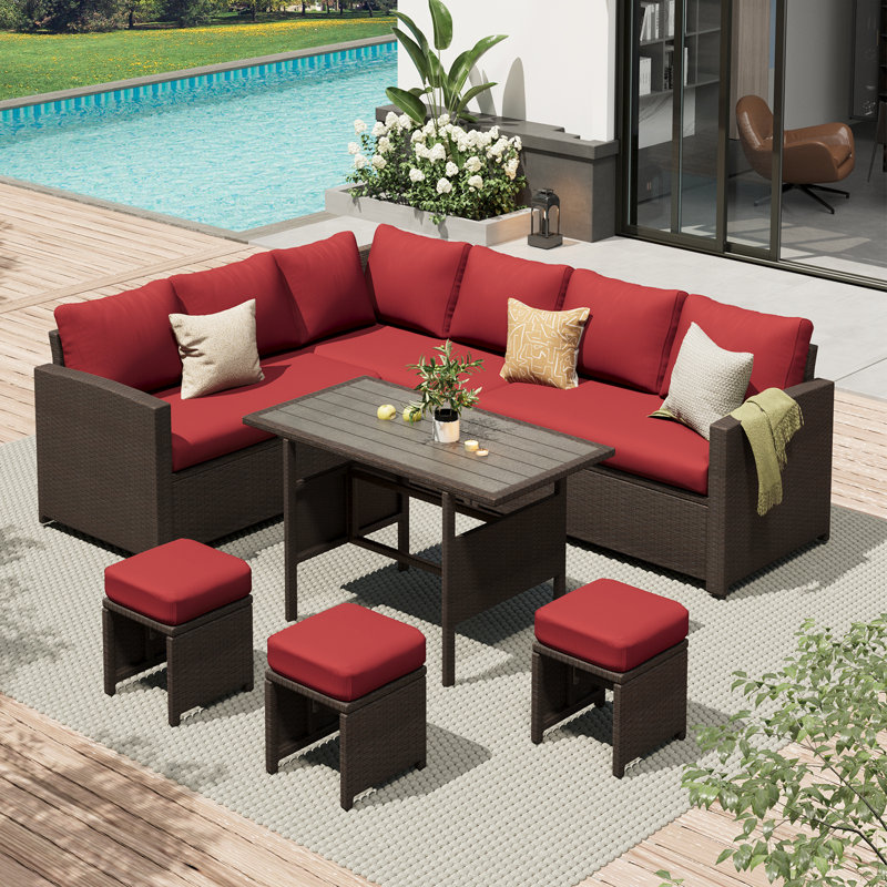 7 Pieces Patio Sectional  Furniture Set With Waterproof Cover, Wine Red Cushion/Brown Frame