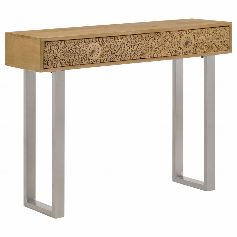 Console naturelle et argentée à 2 tiroirs