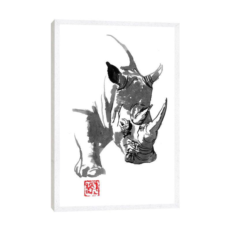 Rhino by Péchane - Painting on Canvas, White Framed, 66.04 cm H x 45.72 cm W