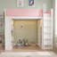 Lit mezzanine double en bois massif avec barrières de sécurité rembourrées en similicuir, armoire, tiroirs, étagères et éclairage DEL d'ambiance, blanc-60429924-60429926