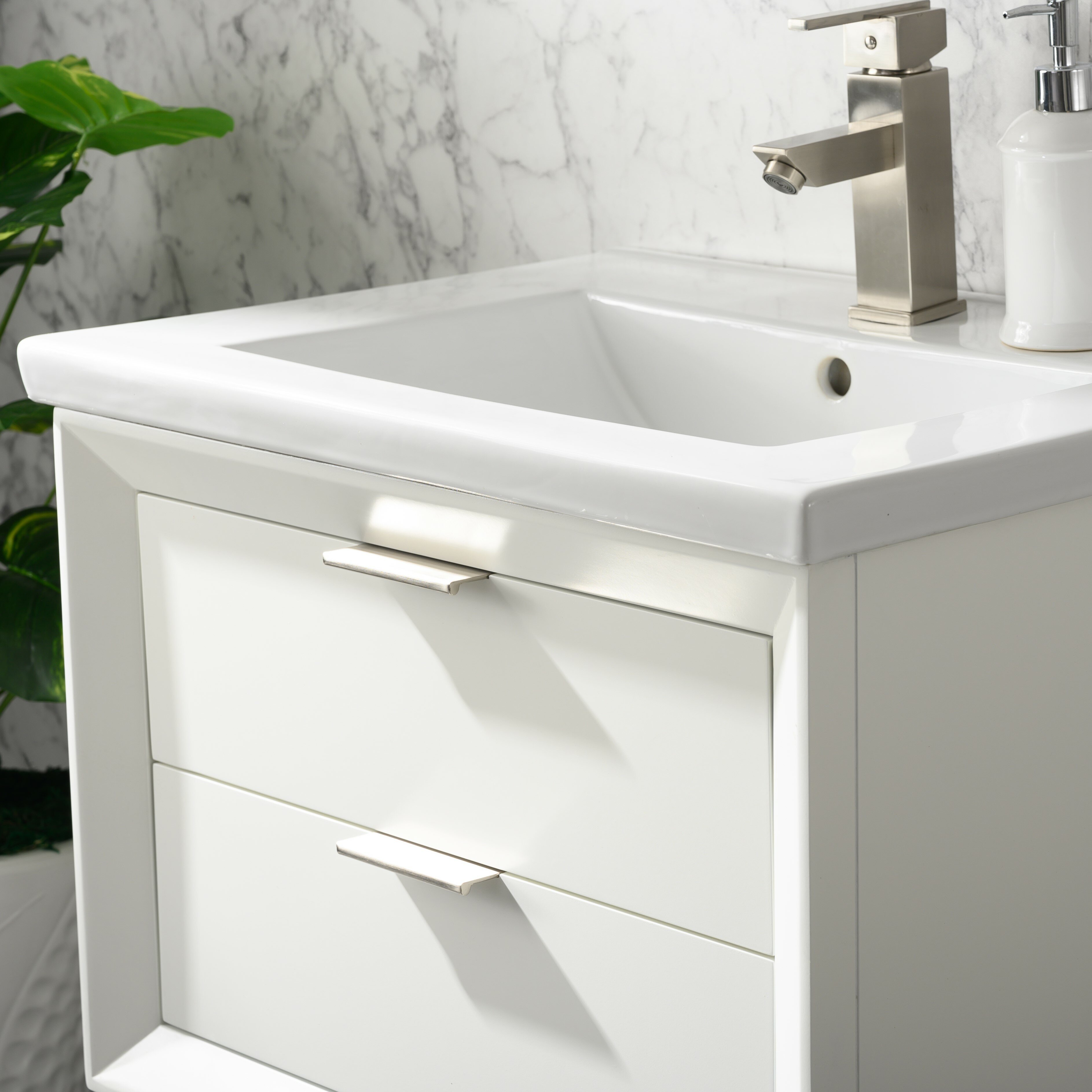 24 Modern White Floating Bathroom Vanity with Drawer Shelf Integral Single Ceramic Sink