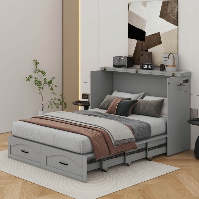 Lit escamotable double pleine grandeur avec tiroir et ensemble de prises et ports USB, Gris