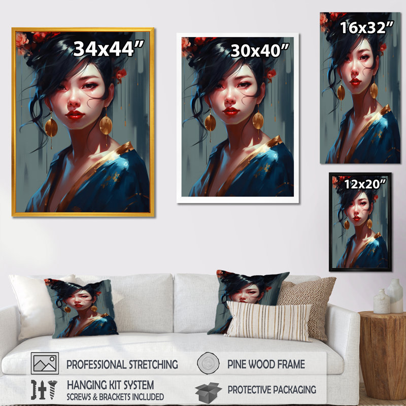Dame japonaise élégante - peinture sur toile, Cadre photo noir, H 20 po x l 12 po x P 1 po