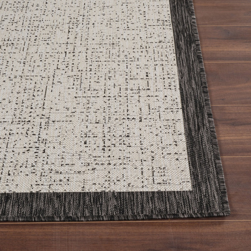Charcoal Modern Outdoor Rug, Bordered Stain Resistant Easy to Clean Rug For Patio, Balcony, Decks & Garden