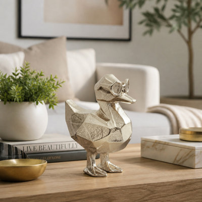 Contemporary Metal Duck Statue Sculpture for Home Decoration - Decorative Stone Animal Figurine Accent Object for Living Room Decor - 7", Gold