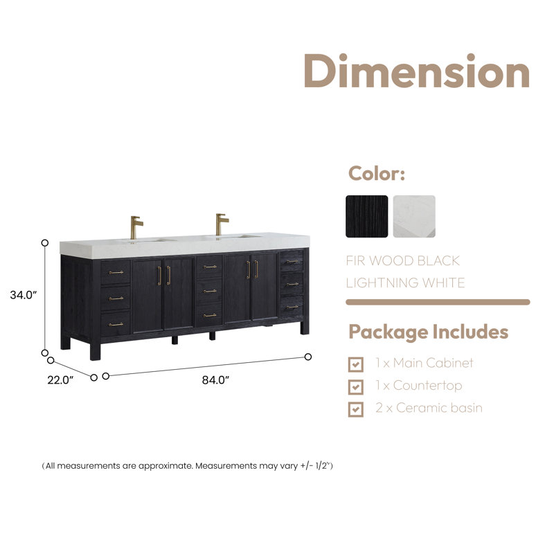 Ensemble de meuble-lavabo double 84 po , Blanc, Or, Noir