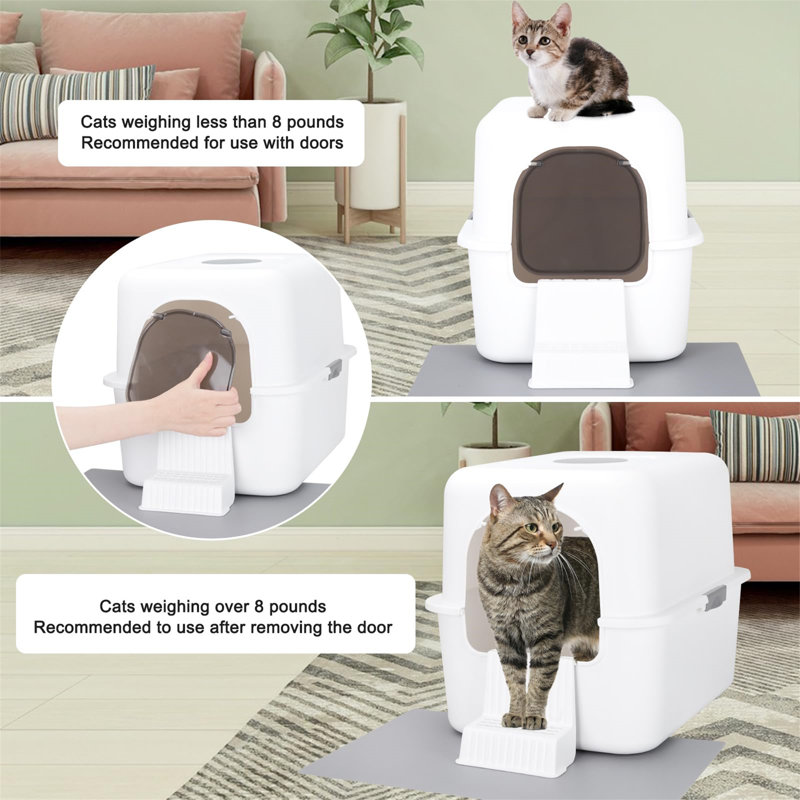 Compact White Plastic Enclosed Cat Litter Box with Pedal