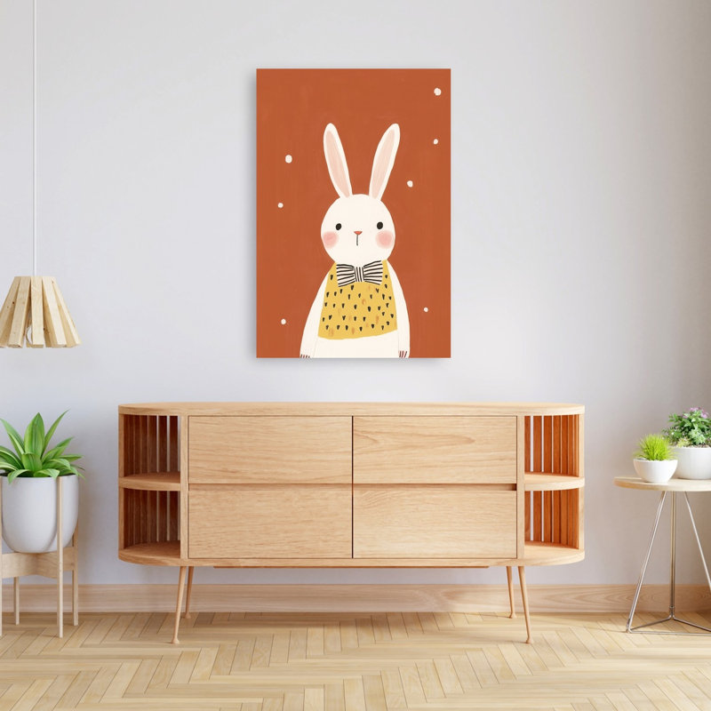 Cute Dapper Bunny Minimalist Playful Whimsical Rabbit Forest Wall Art Print by Mathieu - Wrapped Canvas Print