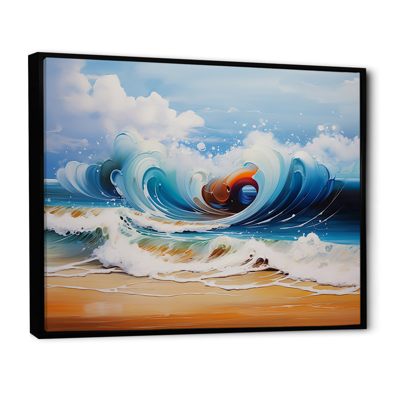 «Vibrant Beach Waves 1» - art mural vagues côtières, H 34 po x l 44 po x P 1,5 po, Cadre flottant noir