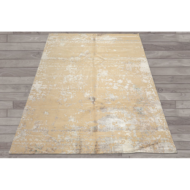 Tapis tibétain moderne ivoire et argent en laine, bambou et soie, noué à la main, 2,44 m x 3,02 m