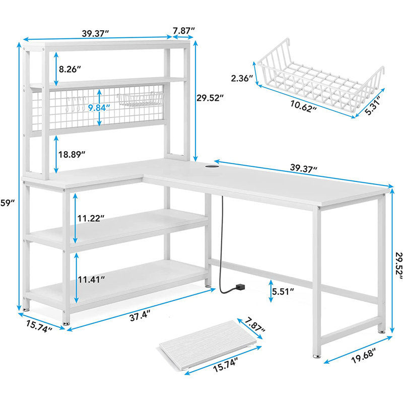 55" Large Computer Desk L-Shaped Desk with Wireless Charging and Bookshelf for Home Office, White