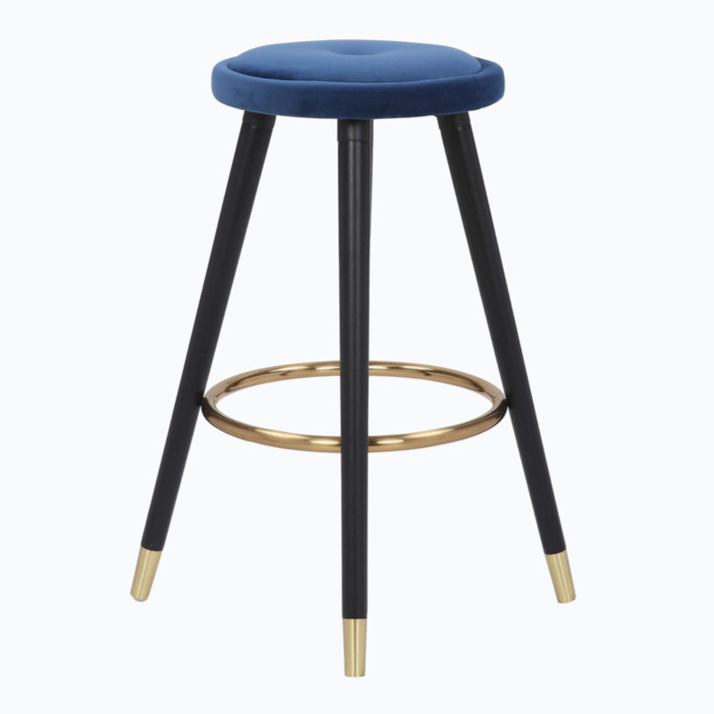 Blue Velvet and Gold Metal Backless Counter Stool