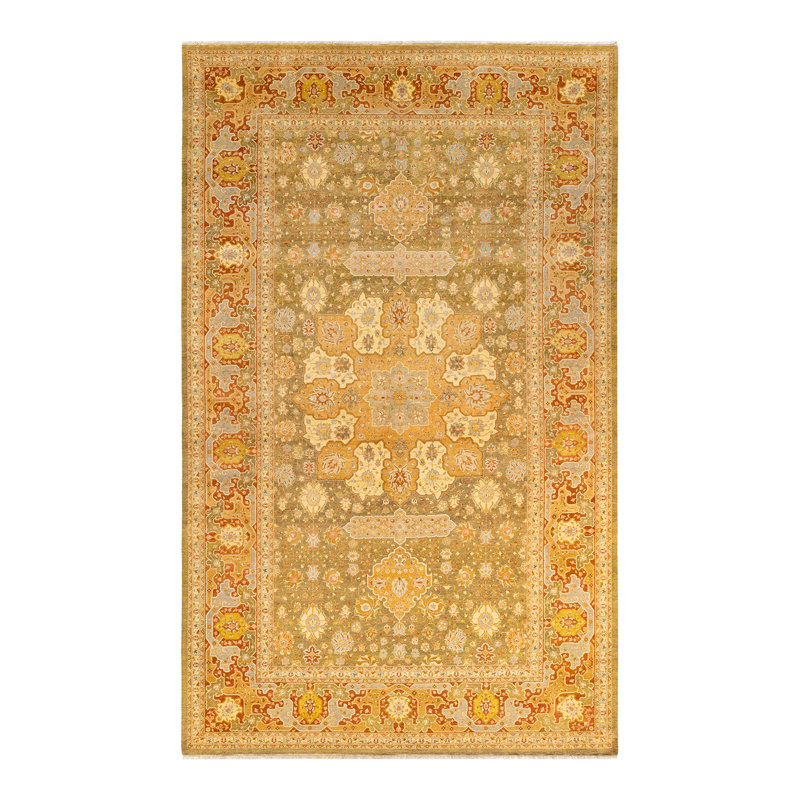 Tapis unique vert / ivoire noué à la main de conception unique 8 pi 3 po x 13 pi 5 po Keenan