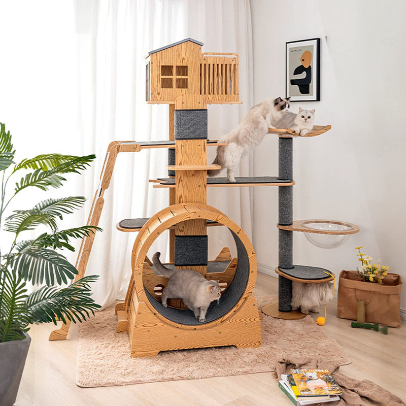 Structure d'escalade à hauteur réglable pour chat. Multi-niveaux. Fabriqué avec une planche multicouche en pin. Tapis en flanelle sur des tablettes pour le confort. La conception verticale économise de l'espace. Aucun perçage requis