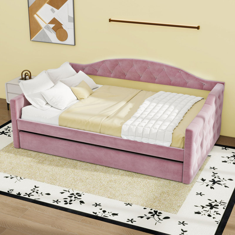 Twin Size Velvet Daybed with USB Charging Ports and Twin Trundle, Pink