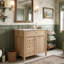 Meuble-lavabo de 30 po en grain de bois naturel avec lavabo en céramique, structure en bois massif, 1 tiroir escamotable, 1 support de porte et 2 tiroirs à fermeture en douceur (bois / bois clair)-1469748354