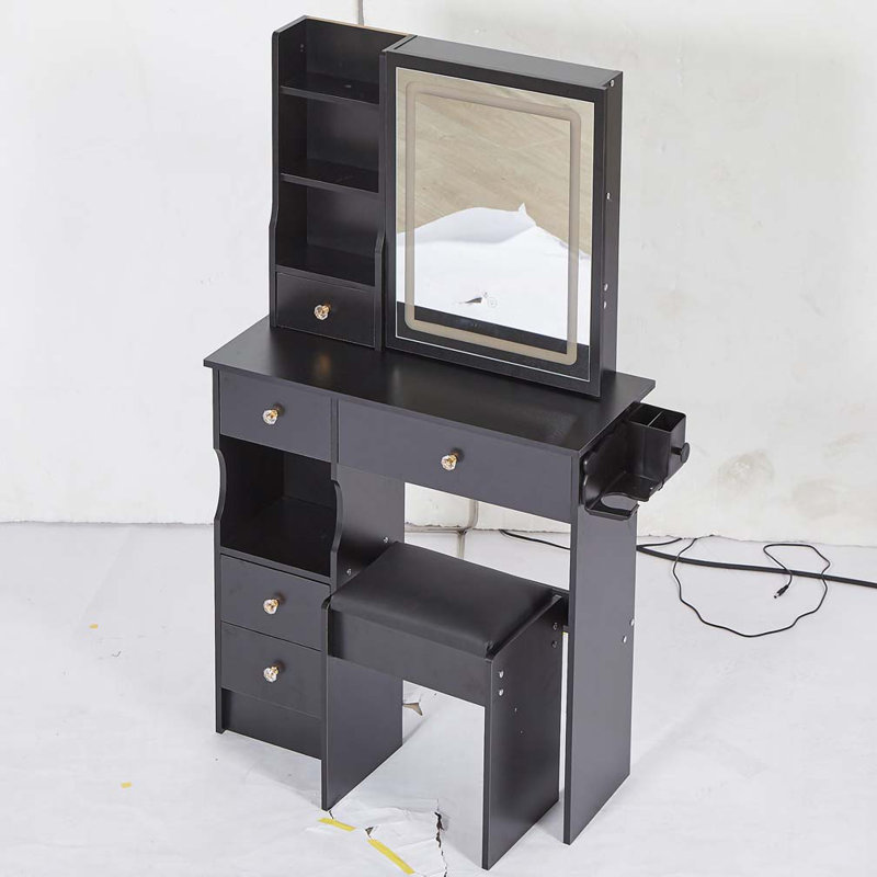 Petit meuble-lavabo de 29,2 po avec tiroir à gauche + tabouret rembourré, 2 blocs d'alimentation CA + 2 ports USB, support pour séchoir à cheveux, très grand miroir à DEL coulissant à contrôle tactile, changement de luminosité tricolore, réglage de la luminosité
