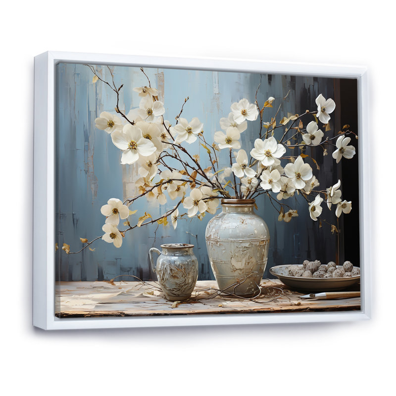 Cornouiller en fleurs, art mural, H 12 po x l 20 po x P 1 po, Cadre flottant blanc