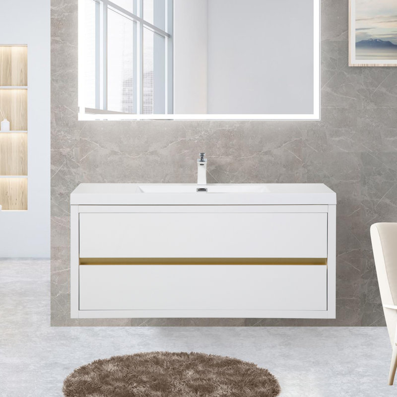 Meuble-lavabo mural 48 po, brillant, Blanc