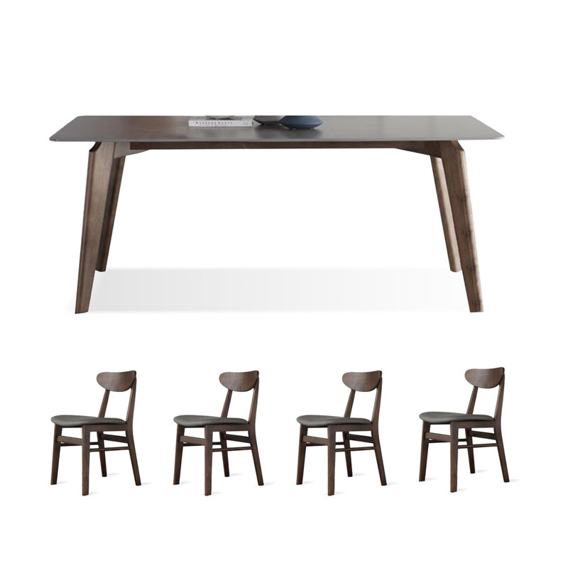 Ensemble de table de salle à manger 4 personnes gris + brun noyer fritté rectangulaire + bois massif