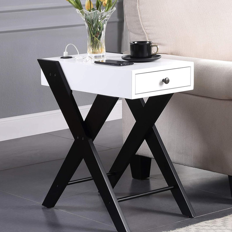 Table d'appoint rectangulaire blanche et noire avec chargement, kd, 1 tiroir, pieds, plateau, 22 po de largeur, 13 po de profondeur, 24 po de hauteur