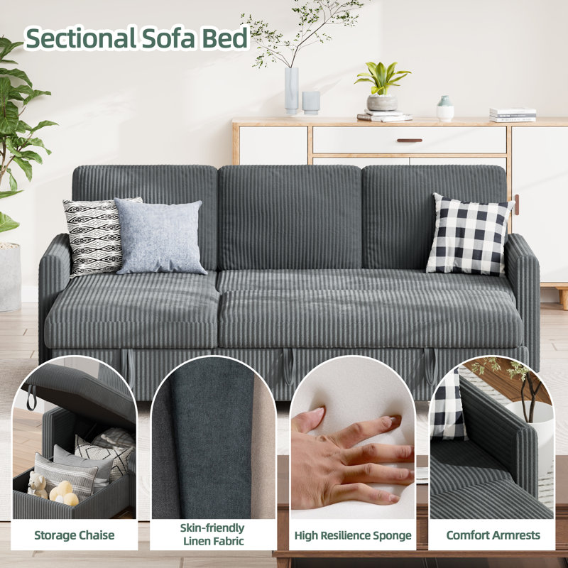 Ashleh 75.8" L-Shaped Sleeper Sofa Bed Sectional, Dark Gray Corduroy