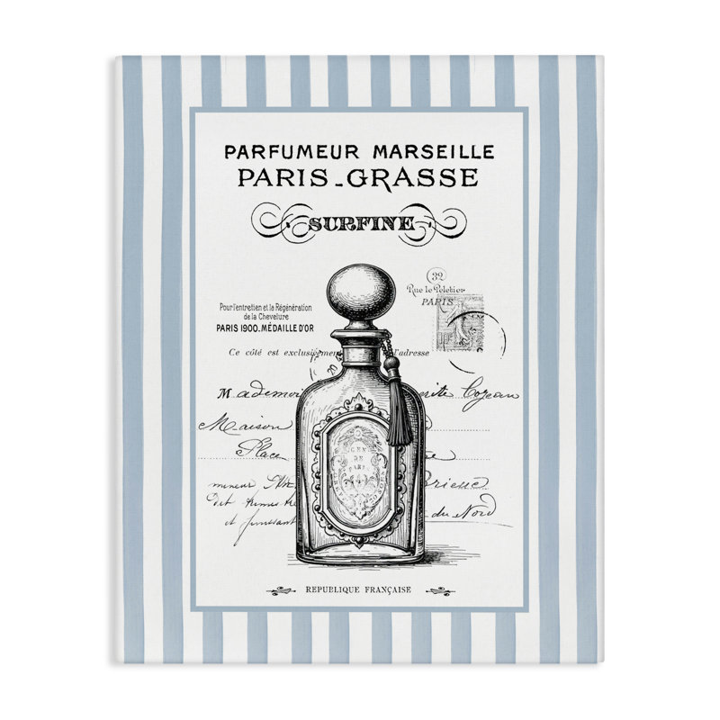 Parfum français sur toile rayée, design par lettré et doublé, H 30 po x l 24 po