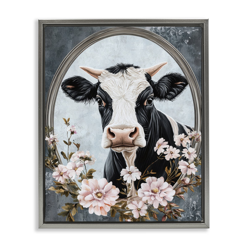 Cadre flottant à fleurs et vaches à cornes, H 31 po x l 25 po, Cadre flottant gris lustré