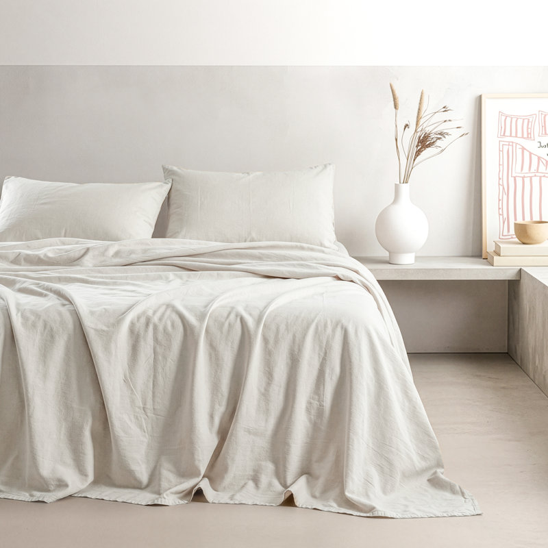 Ensemble de draps en percale 100% coton lavé - comprend 1 drap plat, 1 drap-housse et 2 taies d'oreiller, Beige
