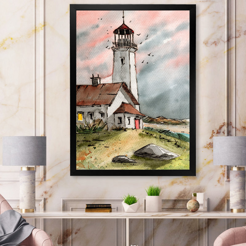 Phare sous un ciel gris rose - peinture sur toile, H 44 po x l 34 po x P 1,5 po, Cadre noir