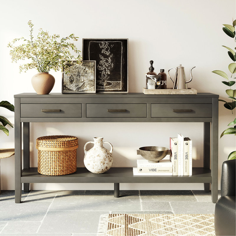 62.2'' Farmhouse Entryway Table With 3 Drawers, Painted Console Table With Bottom Shelf & Iron Handles, Minimalist Sofa Table For Living Room, Hallway, Kitchen, Bedroom, Office