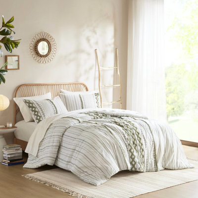 Couette 3 pièces en coton imprimé King/King avec chenille, rembourrage assorti, taies d'oreiller assorties, imprimé d'inspiration ethnique, lavable à la machine