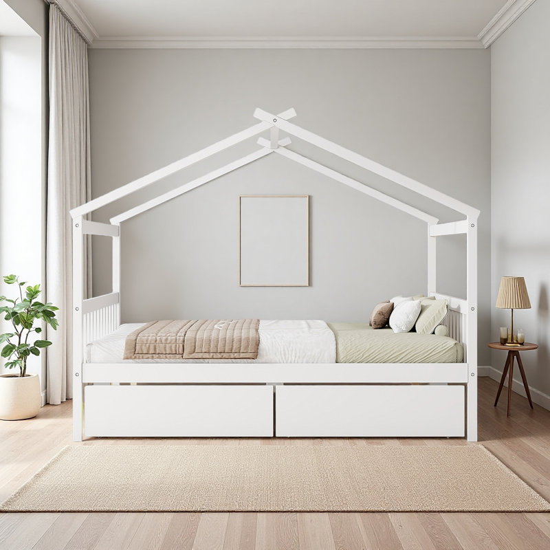 Lit double en bois avec tiroirs, Lit double, Blanc