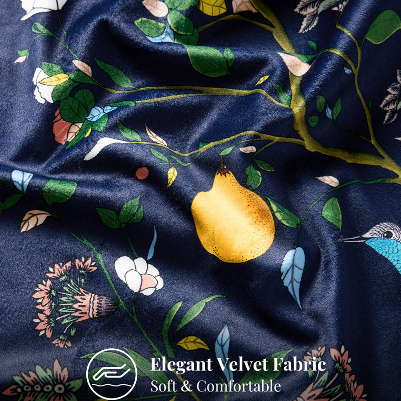 Velvet Floral Hummingbird Pillow Covers, Whimsical Home Decorative Sofa Bed Covers, Square 20", Navy Blue