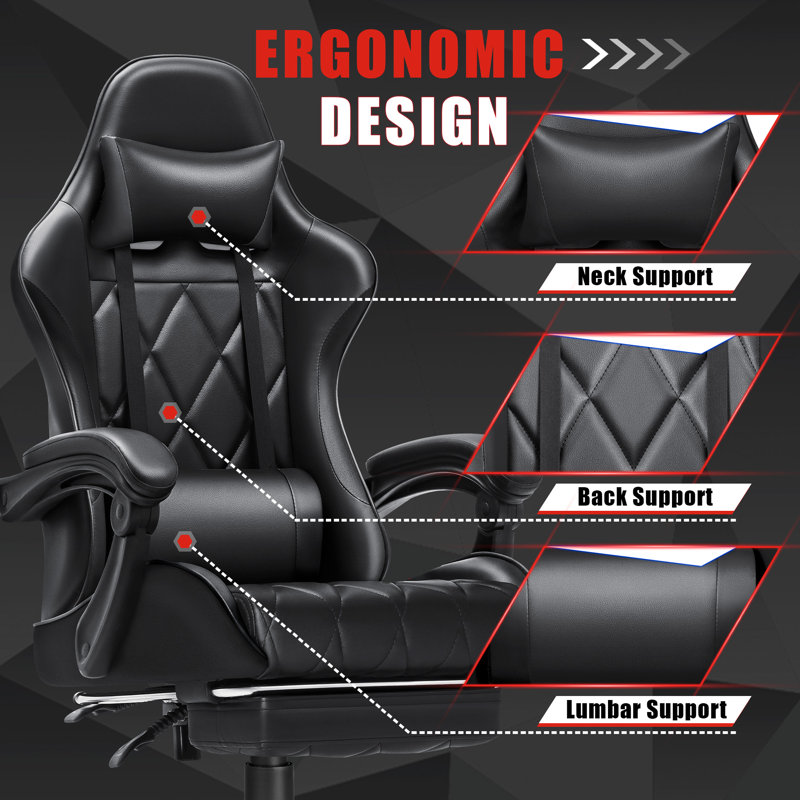 The Twillery Co.® Adjustable Reclining Ergonomic Faux Leather Swiveling PC & Racing Game Chair with Footrest, Black
