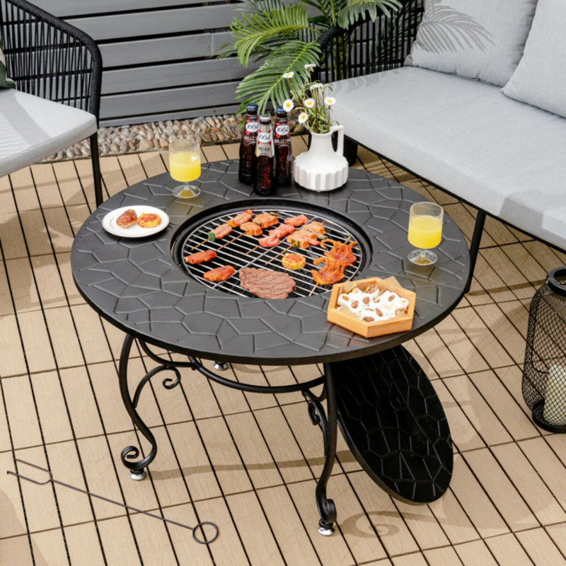 35.5 in. W Round Black Steel Burwell Dining Table with Cooking BBQ Grate and Mesh Cover