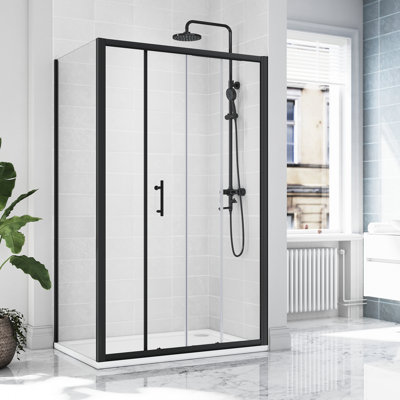185*140*0.6cm, Safe and Easy-To-Clean Sliding Shower Enclosure with Side Panels, Black