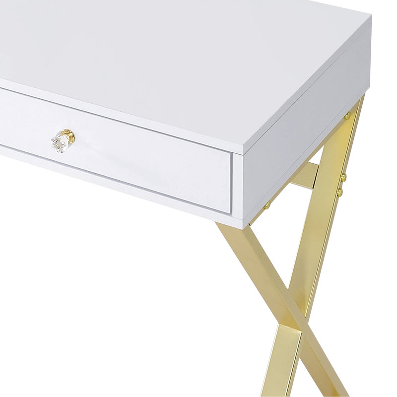 Meuble-lavabo blanc et doré avec disposition rectangulaire, poignée en cristal, structure en métal, plateau à bijoux miroir inclus, extension à 2 ou 3 tiroirs