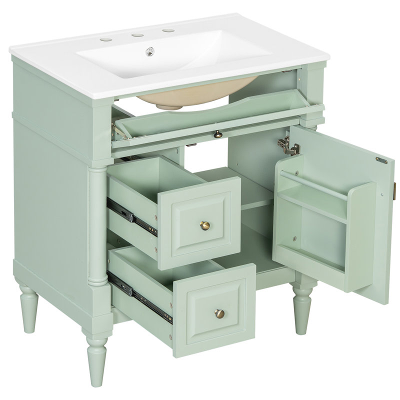 30" Green Freestanding Bathroom Vanity with Sink, Cabinet with Flip Drawer & Adjustable Shelf, Solid Rubberwood Frame, MDF Panels & Metal Handles