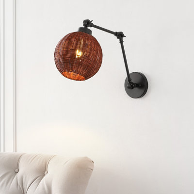 Abdulmalik 22" 1-Light Mid-Century Vintage Rattan Globe Swing Arm LED Sconce