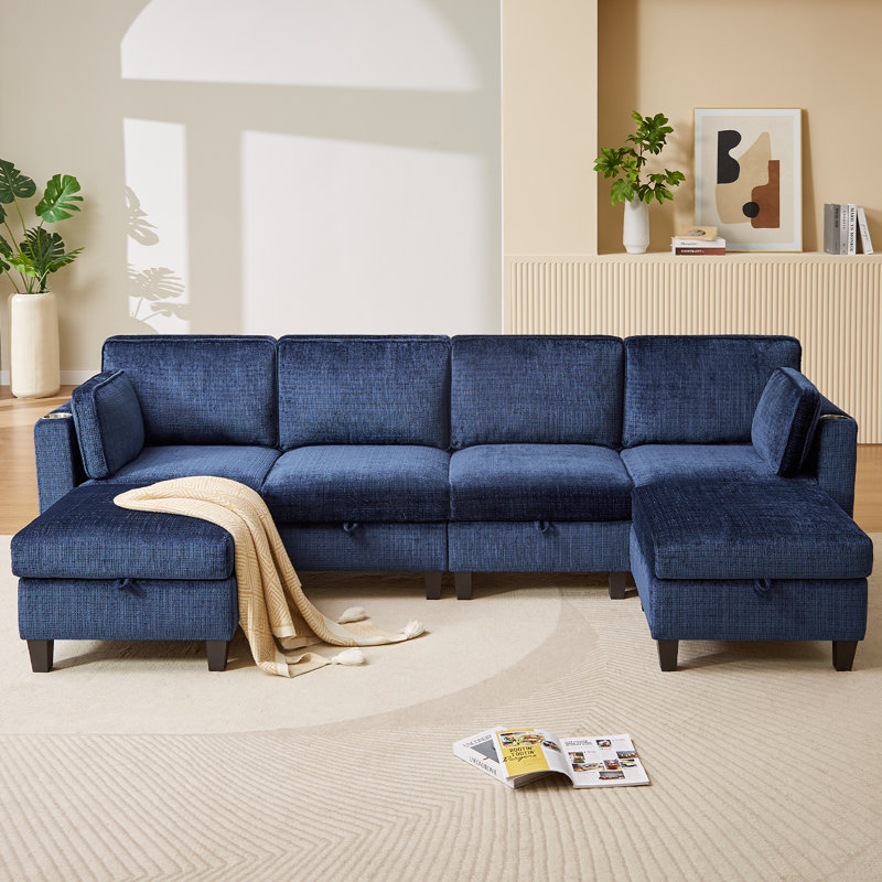 110" Blue Chenille U-Shaped Sectional Sofa with Storage and Cup Holder