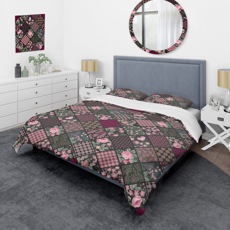 Motif de patchwork rose - ensemble de housse de couette abstrait - polyester microfibre